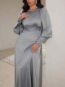Modelyn Đầm Maxi Tay Dài Cổ Tròn Thanh Lịch Màu Trơn Cho Nữ Dự Tiệc Sang Trọng Đầm Maxi Tay Dài Dự Tiệc Sang Trọng - Màu xanh lam - Xem 5