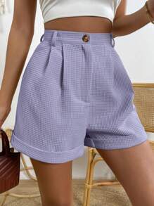 Chiquease Women's Solid Color Waffle Textured Pleated Cuff Relaxed Casual Shorts - Mauve Purple - View 3