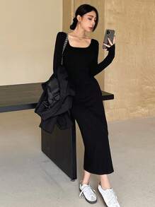 DAZY Vestido largo sencillo de cuello cuadrado negro para mujer en otoño - Negro - Ver 4