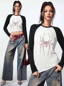 SHEIN EZwear 女款 Y2K 针织蜘蛛图案钻石图案长款 T 恤 - 黑與白 - 查看 6