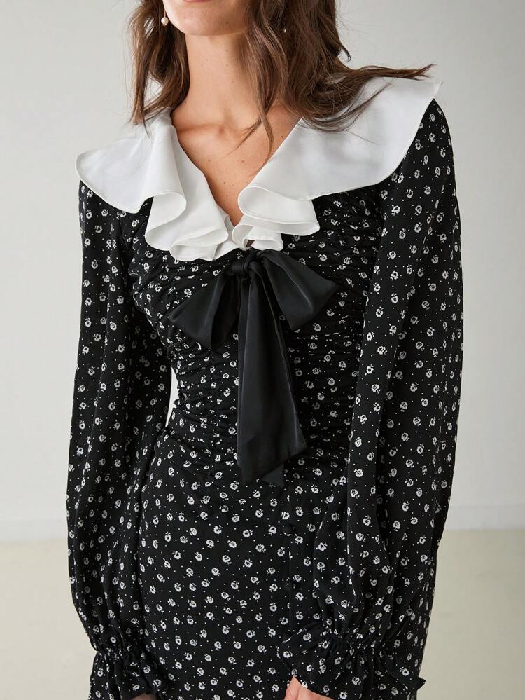 Autumn/Winter Romantic Women's Elegant Ditsy Floral Color Block Collar Mermaid Retro Polka Dots Black Bowknot Dress,For Thanksgiving&Christmas Party Pretty Date Nights&Romantic Dinner Dates&Cocktails