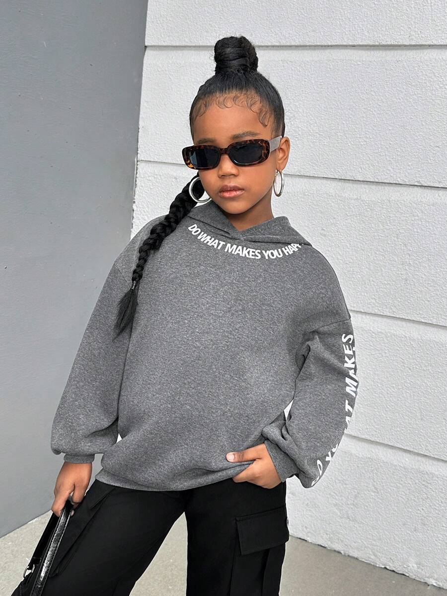 SHEIN Tween 女童休闲时尚运动毛绒连帽运动衫 - 深灰色 - 查看 1
