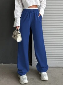 EURMUSE Double-Deck Waist Drawstring With Pockets Casual Straight-Leg Pants - Blue - View 5