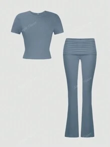 2pcs/Set Women Summer Solid Color Round Neck Short Sleeve Fitted T-Shirt And High Waist Ruffle Flared Pants, Athleisure Set