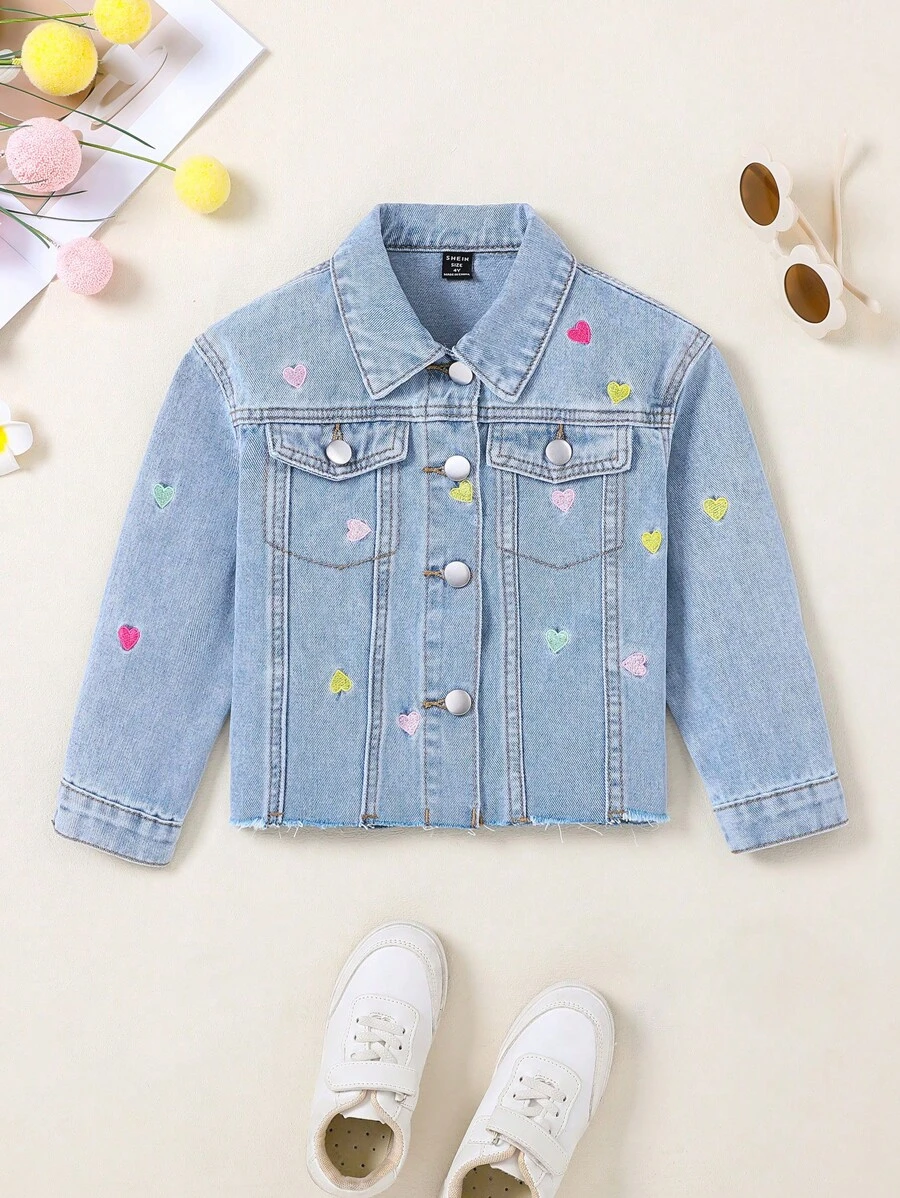 Chaqueta vaquera para niñas pequeñas con bordado de corazón, estilo nuevo - Lavado ligero - Ver 1