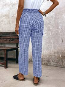 EMERY ROSE 女士松紧腰时尚侧口袋格子休闲宽松蓝色格子裤 - 藍色 - 查看 2