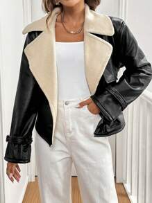 SHEIN Frenchy 前扣领长袖简约休闲夹克风衣女外套黑色返乡大衣法兰绒夹克羊毛夹克女装秋季女士夹克女士夹克冬季女士外套商务女装法兰绒女装冬季女装秋季女装 - 黑色 - 查看 5