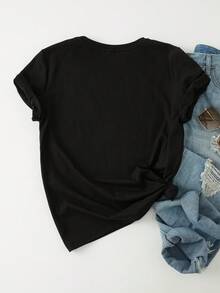 SHEIN LUNE 大码女式休闲简约万圣节南瓜口袋和鬼魂图案圆领短袖 T 恤适合夏季和秋季 - 黑色 - 查看 6