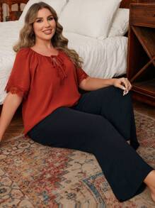 大码透气舒适冰丝皱褶撞色蕾丝休闲经典宽松短袖和裤子套装 - 彩色 - 查看 5