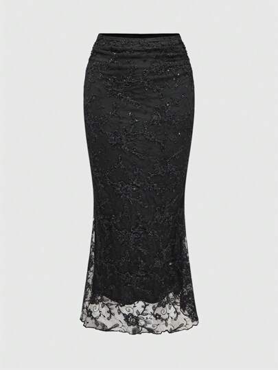 Fairycore Jupe enveloppante de sirène froncée à paillettes noires unicolore de style vintage élégant