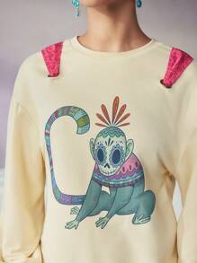 VALERIA GALIPOLI Frida Kahlo X SHEIN X Designer Print Totem Monkey Design Round Neck Backside Bow Tie Drop Shoulder Loose Sweatshirt, Holiday, Thanksgiving, Winter, Spring, Festival - Apricot - View 6