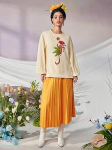 VALERIA GALIPOLI Frida Kahlo X SHEIN X Designer Hanorac cu mânecă lungă, supradimensionat, cu imprimeu animal print și crăpături laterale, pentru sărbători, Ziua Recunoștinței, iarnă, primăvară, festival - Caisă - Vizualizare 8