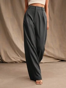 Anewsta 女式高腰直筒褶皱长裤 - 深灰色 - 查看 3