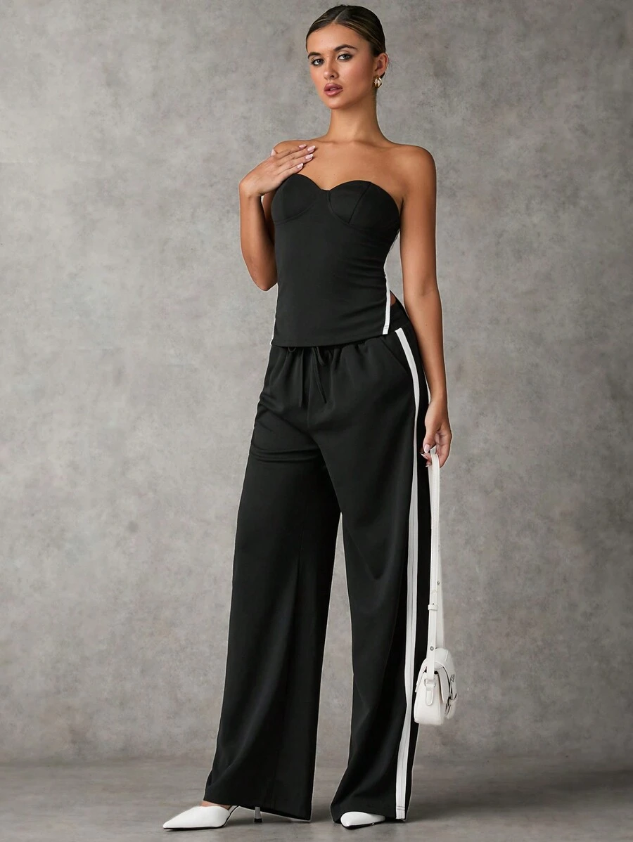 SHEIN BAE Celana Kasual Longgar Kaki Lebar dengan Sisipan Webbing di Samping dan Tali Serut di Pinggang untuk Wanita - Hitam - View 1