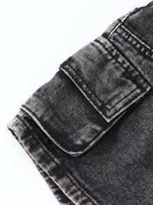 SHEIN Young Girls' 3D Cargo Multiple Pocket Cute & Denim Shorts, School, Campus, College Summer Holiday - Black - View 5