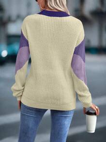 EMERY ROSE 女士圆领长袖撞色休闲日常柔软优雅套头毛衣，针织套头衫，秋冬款 - 彩色 - 查看 2
