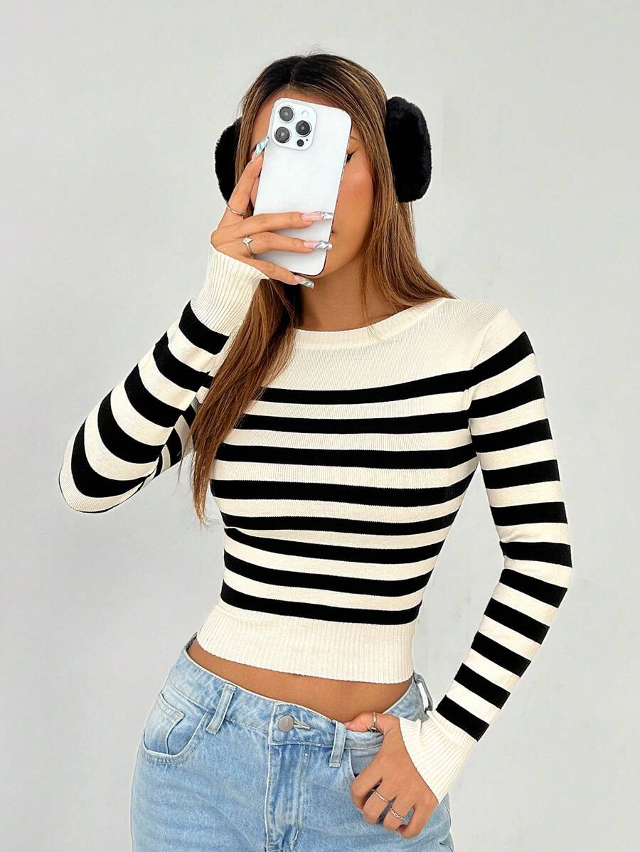 SHEIN PETITE Striped Pattern Ribbed Knit Sweater In Fall/Winter - Black and White - View 1