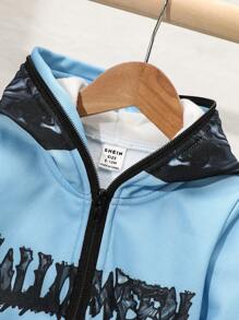 SHEIN 2pcs/Set Baby Boy Street Fashion Letter & Flame Print Hooded Jacket And Pants Outfit, Fall And Winter - Blue - View 3