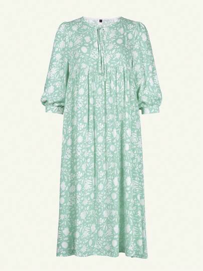 Eilly Bazar 大码中长袖全印花褶饰休闲连衣裙，假日