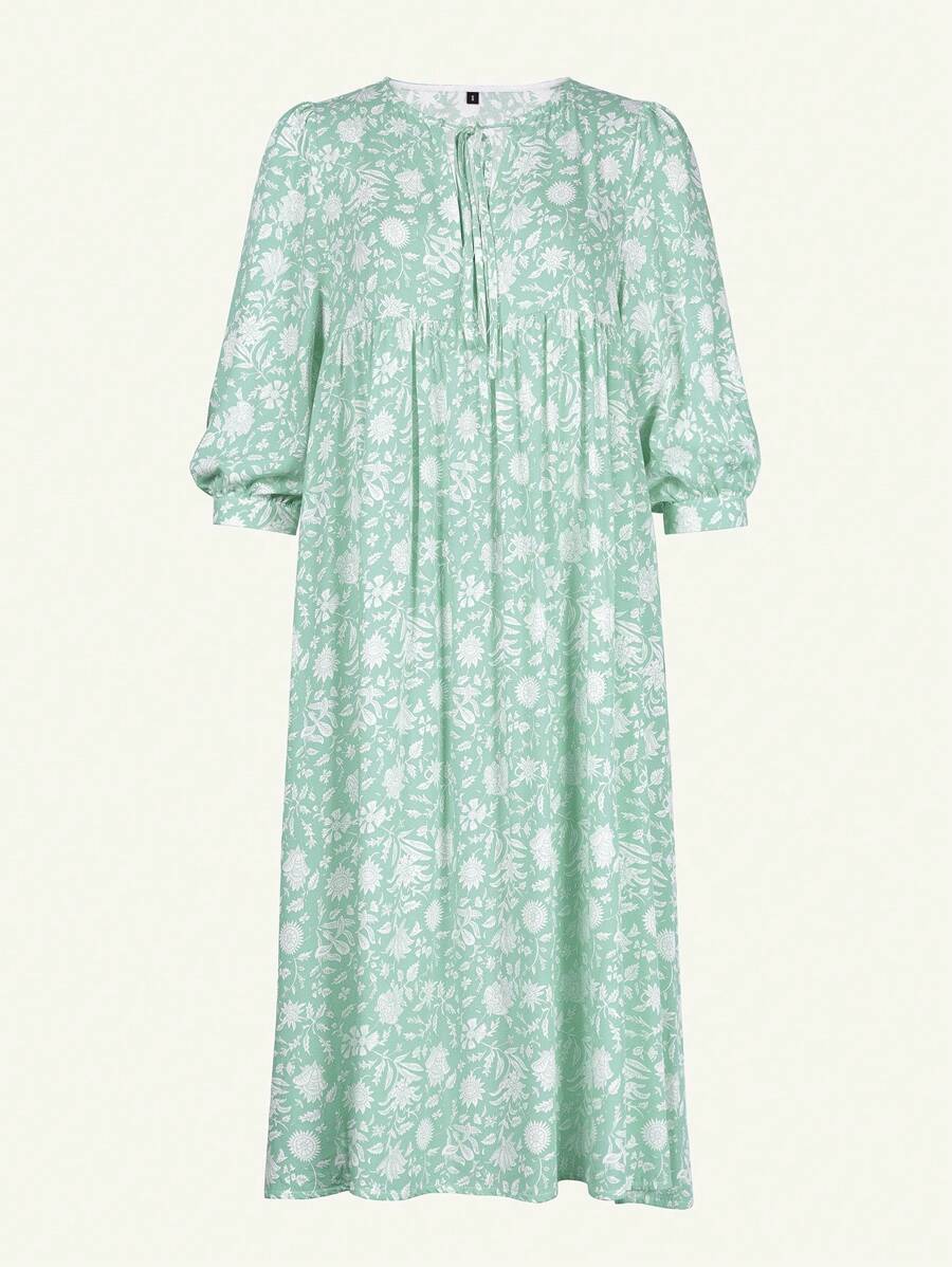 Eilly Bazar Plus Size Mid-Length Sleeve Allover Print Ruched Casual Dress, Holiday - Mint Green - View 1