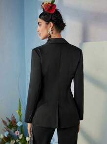 VERO DIAZ Frida Kahlo X SHEIN X Designer Business Casual Lapel Collar Contrast Floral Print Ruched Knot Front Blazer, Holiday, Thanksgiving, Spring, Festival, Office - Multicolor - View 2