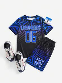 SHEIN 2pcs Tween Boy's Printed Short Sleeve T-Shirt And Sweatpants Sports Outfit - Black - View 6