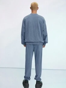 Mainfolk Men's 2pcs Knitted Loose Fit Drop Shoulder Streetwear Sweatshirt & Pants Set,Slate Blue,Autumn,Holiday,Round Neck Long Sleeve Pullover,Fall Winter - Baby Blue - View 5