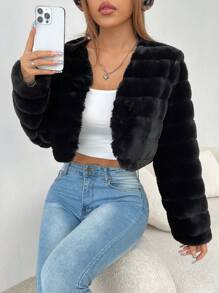 SHEIN PETITE 秋冬纯色前开式毛绒大衣