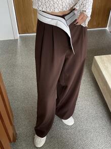 DAZY Women Wide Leg Pants With Contrasting Waistband And Pockets - Brown - View 4