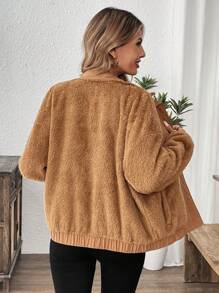 SHEIN LUNE 女式羊毛前拉链落肩长袖夹克，秋冬季 - 卡其色 - 查看 2