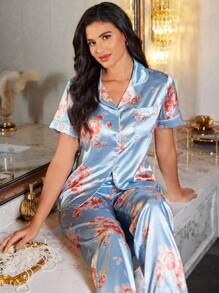 Conjunto de Pijama Floral Elegante de Cetim com 2 Peças para Mulheres - Multicolorido - Visão 1