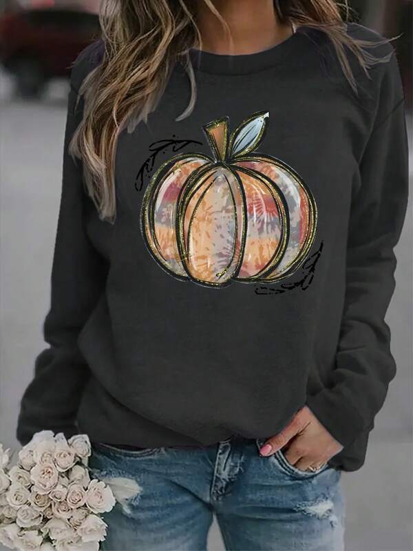 SHEIN LUNE Plus Size Women Pumpkin Print Long Sleeve Casual Round Neck Sweatshirt Top, For Fall/Winter Graduation,Back To School Outfits,Graduation,Teacher Outfits For Women,Back To School