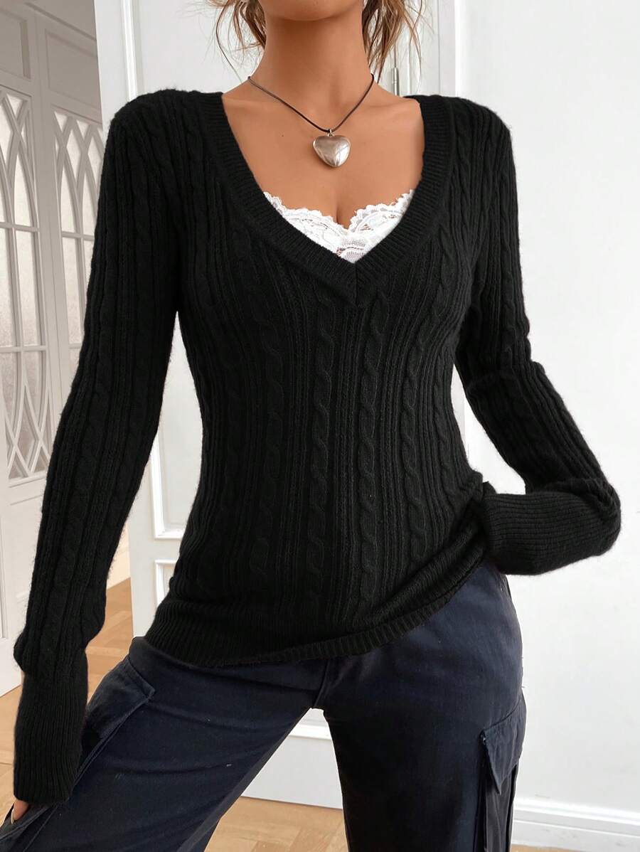 SHEIN EZwear Women's Spring Fashionable 1pc Solid Cable Knit V Neck Sweater,Ladies Spring/Fall Casual Cable-Knit,Contrast Lace Long Sleeve Slim Fit Brown Regular Sleeve Pullovers Women Sweaters,Long Sleeve Tops - Black - View 1