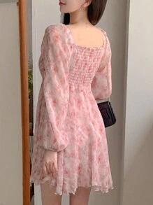 DAZY 1 件女士优雅花卉迷你连衣裙，双面设计，适合秋季 - 粉色 - 查看 5