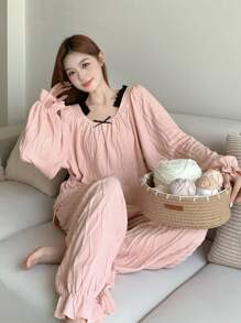 DAZY Women's Loose Pleated Contrast Color Ruffle Long Sleeve Blouse And Pants Pajama Set - Pink - View 7