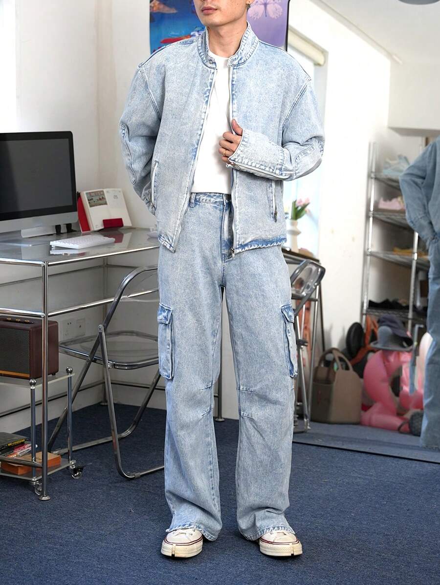 Claim Dot 男士浅蓝色斑驳牛仔街头装 - 淺色水洗藍 - 查看 1