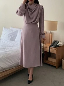 DAZY Vestido de mujer de unicolor con cintura ceñida y hombros caídos, ropa de mujer de otoño