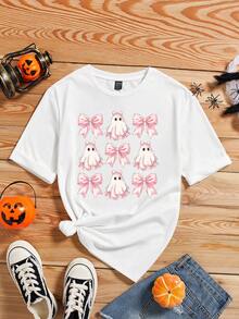SHEIN EZwear Halloween Cute Ghost & Plaid Bow Print Casual Round Neck Short Sleeve T-Shirt For Women, Summer