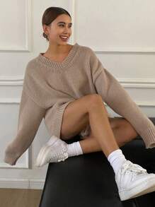 DAZY Women's Solid Color Loose Fit Long Sleeve V-Neck Tied Back Slit Sweater , Apricot Sweater,Fall Women Clothes - Khaki - View 1