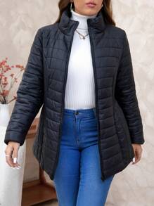 SHEIN Clasi 大码黑色加垫拉链连帽派克大衣，带斜口袋