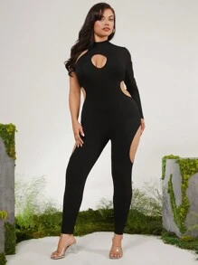evoluSHEIN X Anitta Spagnelli Bộ đồ liền thân màu đen cắt cổ giả cỡ lớn thiết kế cho ngày lễ, lễ tạ ơn, lễ hội - màu đen - Xem 6