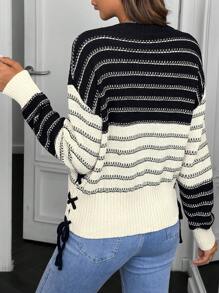 SHEIN LUNE Maglione oversize da donna con collo rotondo, maniche lunghe, righe laterali e laccio, adatto per autunno/inverno, maglia a pullover per l'autunno - Bianco e nero - Visualizzare 2