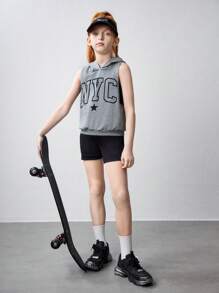 SHEIN Tween Girl Knitted Plain Crop Top Tank Top, With Letter Print Sleeveless Hooded Tank Top, 2pcs/Set - Grey - View 4