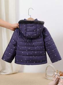 SHEIN 年轻女孩休闲日常连帽插肩长袖保暖衬里加厚防风保暖棉服外套 - 藏蓝色 - 查看 2