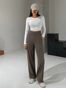 DAZY Quần ống loe dài cạp chéo cho nữ mùa hè - màu nâu - Xem 4