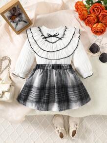 2 件装女婴撞色拼接蝴蝶结装饰长袖衬衫和格子裙套装 - 白色 - 查看 1
