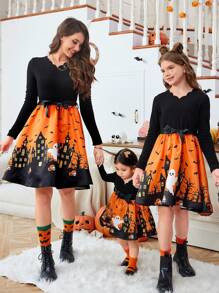 SHEIN Essnce Women's V-Neck Waist-Tie Shell-Trim Halloween Print Long Sleeve Mini Dress  Autumn Cute Cartoon Print Patchwork Waist Long Sleeve Dress For Halloween,Black