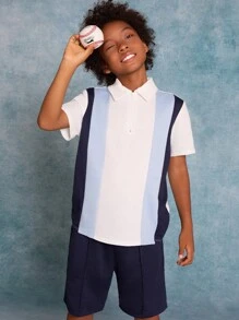 SHEIN Tween Boy Dệt Kim Chắp Vá Áo Phông Cổ Bẻ Và Quần Short Dây Rút Bộ Hai Món Thông Thường - Nhiều màu - Xem 6
