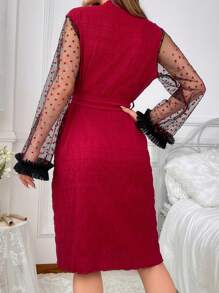 Plush Heart & Mesh Contrast 3d Ruffle Trim Tie-Waist Robe - Burgundy - View 2