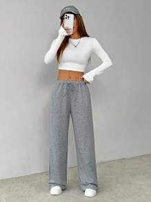 SHEIN PETITE Drawstring Waist Slant Pocket Baggy Sweatpants - Grey - View 3